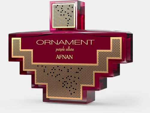 A pink perfume bottle shaped like a pixelated arrow with a label that says "ORNAMENT purple allure AFNAN."