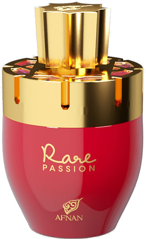 En parfyll bottles med röd kropp, gul topp och orden "Rare Passion" med en logo.