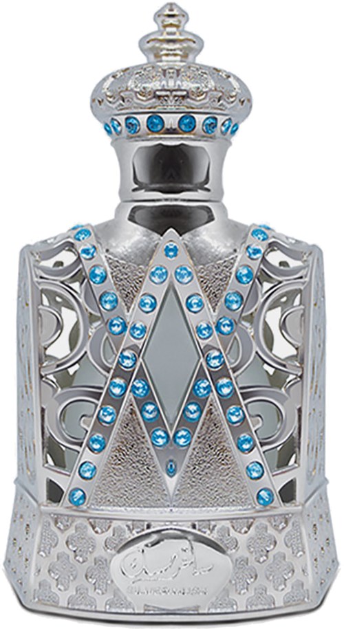 Een decoratief zilverkleurig kroonvormig object met blauwe edelstenen en fijne details.