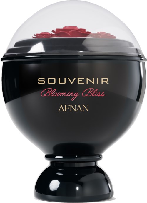Een ronde zwarte container met doorzichtige deksel, gevuld met roze en rode bloemen. De container heeft gouden en roze tekst.