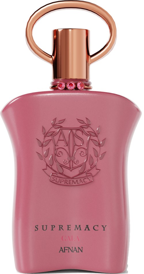 Roze parfumfles met goudkleurige dop en decoratieve ring, met een wapen en de woorden 'SUPREMACY'.