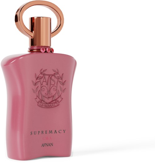 Roze fles met roségouden dop en ronde ring, label 'Supremacy Cava Afnan', elegant ontwerp.