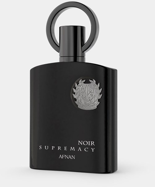 Musta hajuvesipullo, jossa yläosassa on pyöreä rengas, ja siinä on vaakunakilpi ja teksti 'NOIR SUPREMACY AFNAN'.