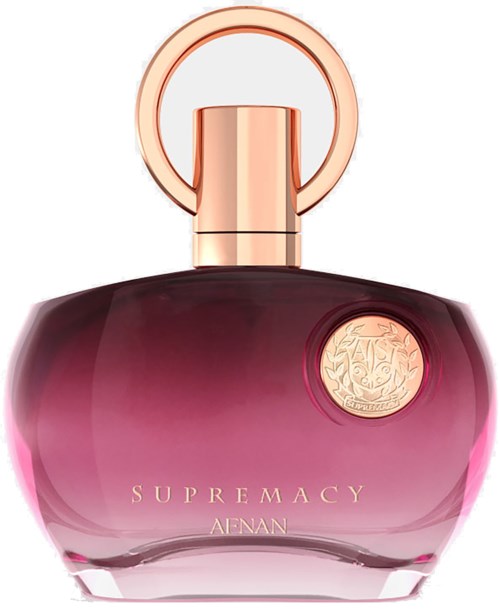 A pink and black perfume bottle with gold-colored ring and branding, labeled "Supremacy" by Aeman.
