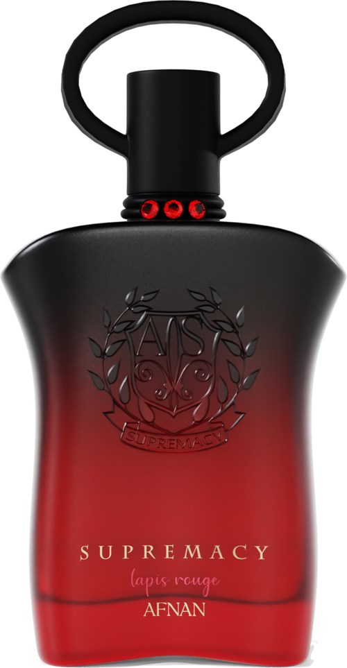 Een zwart en rood parfumfles met een ronde handgreep, met gezichtsafbeelding en tekst over luxe en geur.