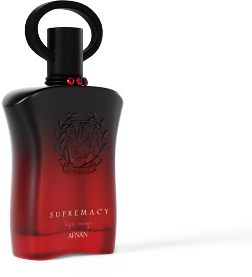 Zwarte en rode fles met ringhandvat, logo en tekst "Supremacy" en "Afnan".
