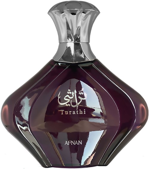 A dark purple perfume bottle with silver cap and the words 'Turathi AFNAN' on it.
