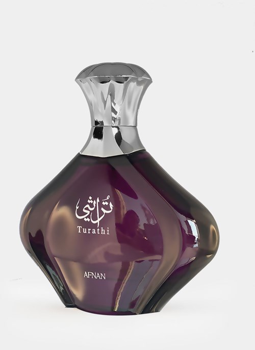A dark purple perfume bottle with a silver cap and Arabic text, labeled 'Turathi AFNAN'.