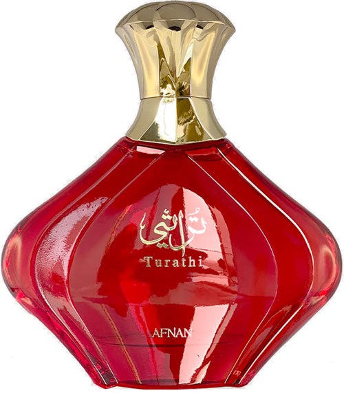 A red perfume bottle with a gold cap and a logo with Arabic script and the word 'Turathi' on it.