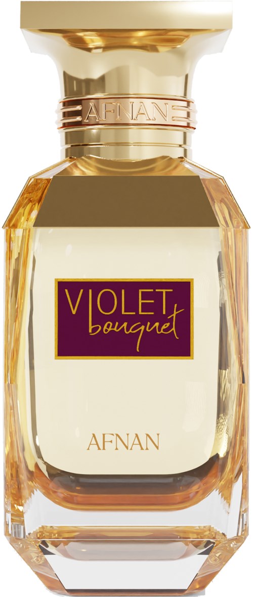 En parfymflaska med guldkapsel och en lila etikett som säger 'Violet Bouquet'.
