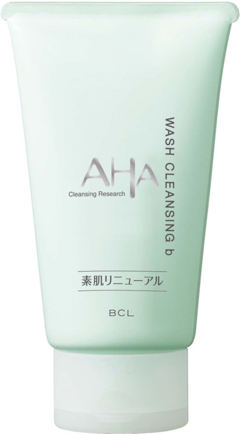 Ein hellgrüner Tuben mit 'AHA' für Reinigung, japanischen Text und 'BCL' am unteren Rand.