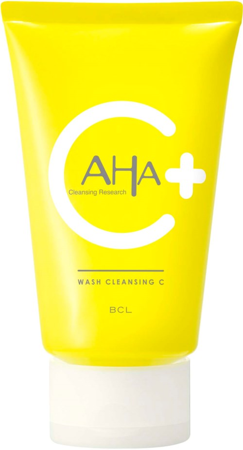 Eine gelbe Tube mit weißem Deckel, beschriftet 'Wash Cleansing C' und Hautpflegesymbole.