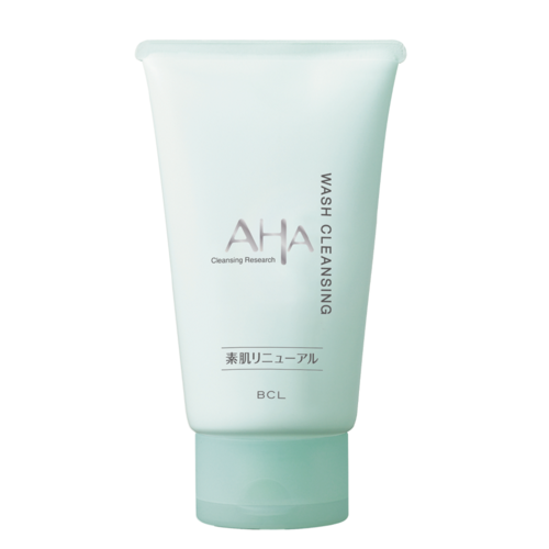 Weiße Tube mit hellblauer Kappe, beschriftet 'AHC' und 'WASH CLEANSING,' für Hautpflege.
