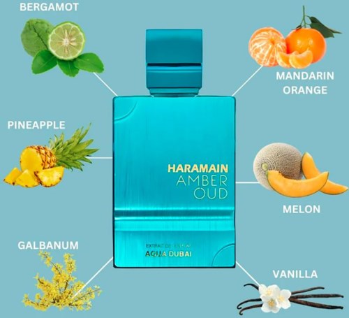 Hajuvesipullo, jossa on merkinnät bergamotti, mandariini, meloni, vanilja, galbanum, ananas ja amber Oud.
