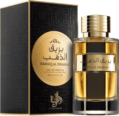 En parfyllikörflaska med svart låda, gulddetaljer och arabiska tecken, kallad Bareeq Al Dhabah.