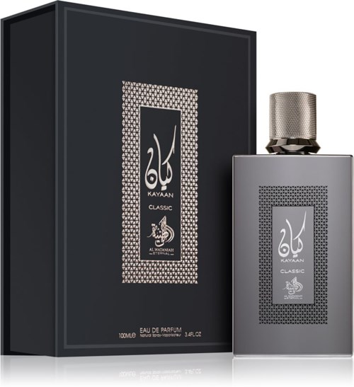 A perfume bottle and box with black and gray design, labeled 'Kayaan Classic' with a decorative pattern.