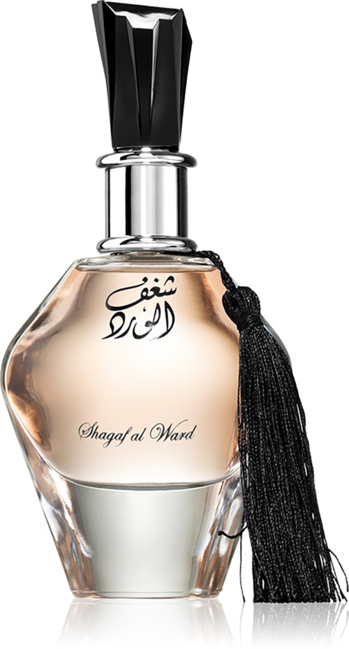 En parfymflaska med arabisk text, ett svart tofsband och namnet Shagafi Al Ward.