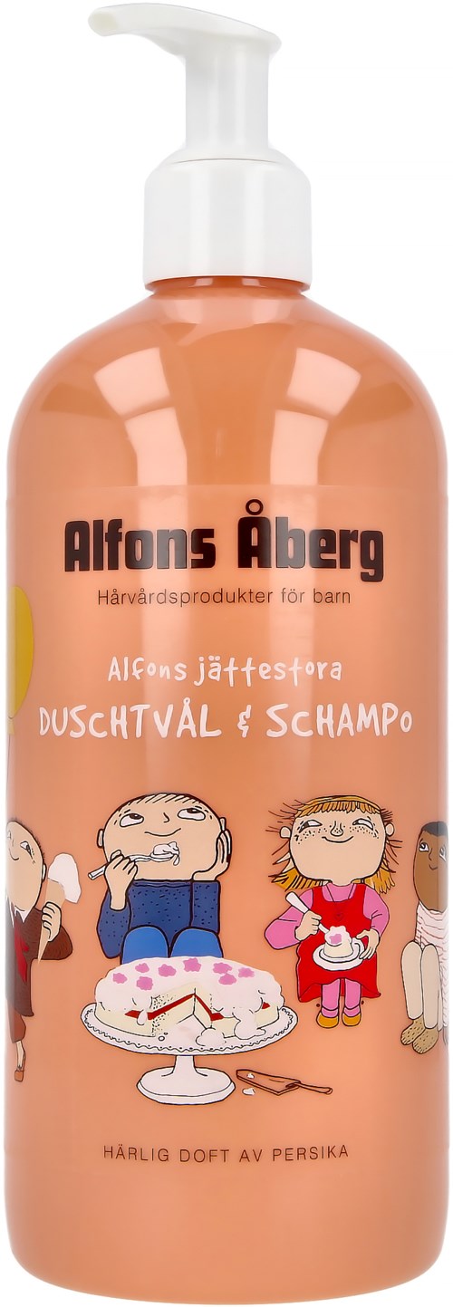 A peach-colored bottle with a pump, features cartoon children and cake, labeled in Swedish for shampoo and shower gel for kids.