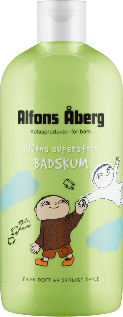 A green bottle featuring cartoon children, clouds, and text about a baby bath product by Alfon's Åberg.