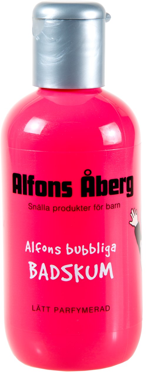 Pink bottle with black and white text, product name is "Alfons bubbla BADSKUM," designed for children.