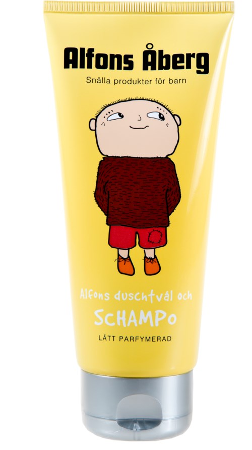 A yellow tube features a cartoon boy with red shorts and a brown sweater, with bold black text and Swedish words.