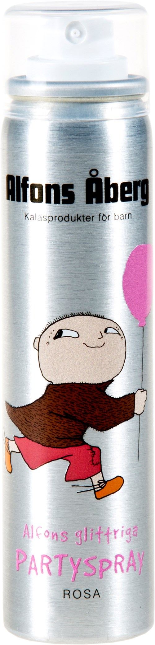 A silver spray can with a cartoon character, pink heart, and text in Swedish for party spray.