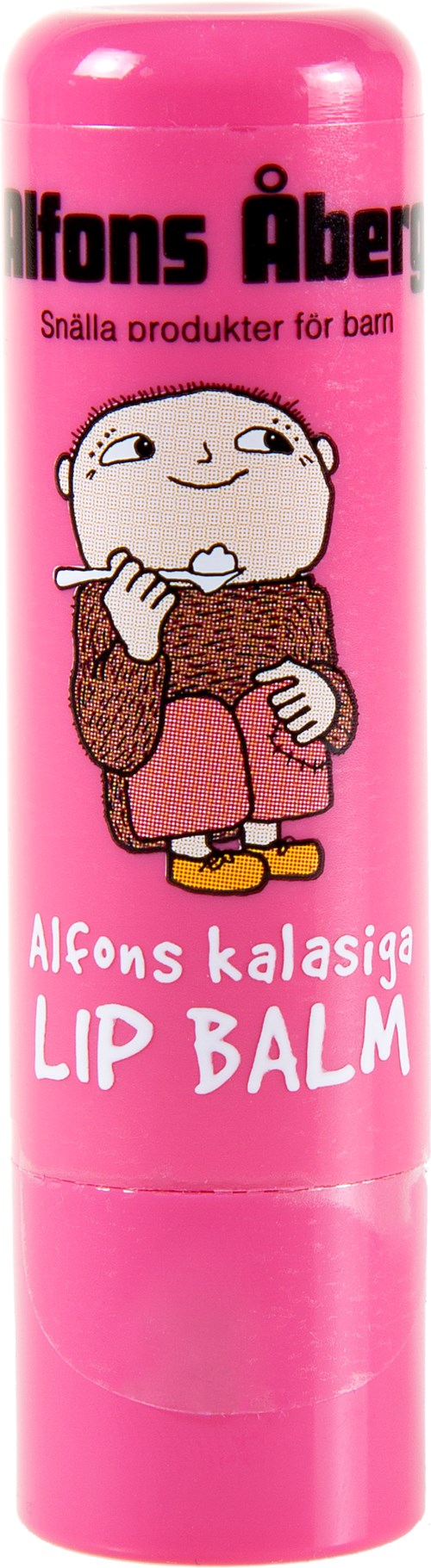 Rosa Lippenpflegestift mit Zeichnung eines Kindes, das isst, und schwedischem Text. Es ist für Kinder.