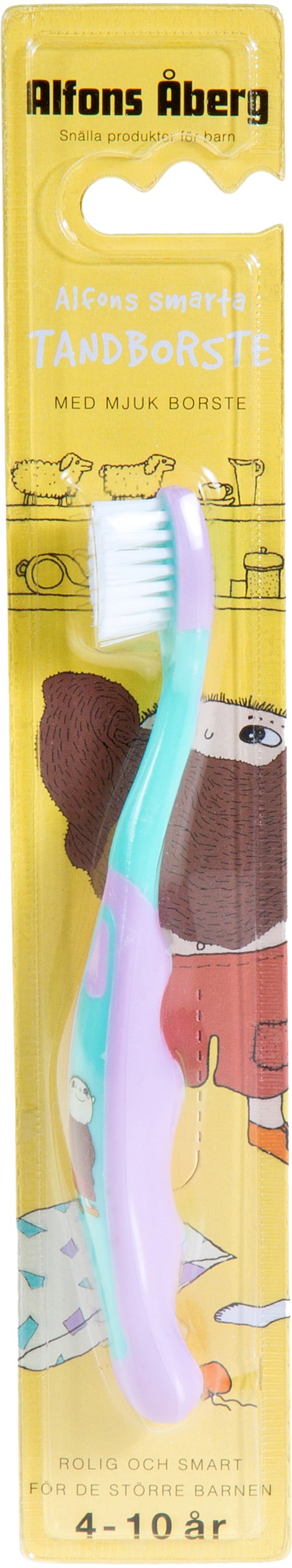 A colorful children's toothbrush in yellow packaging with character illustrations and text. Suitable for ages 4-10.