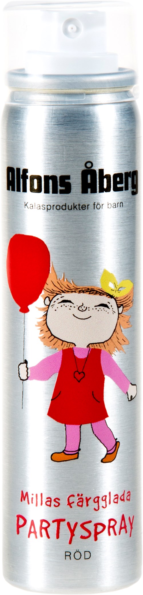 A silver can of party spray with a cartoon girl holding a red balloon and smiling. It has a yellow flower on her head.
