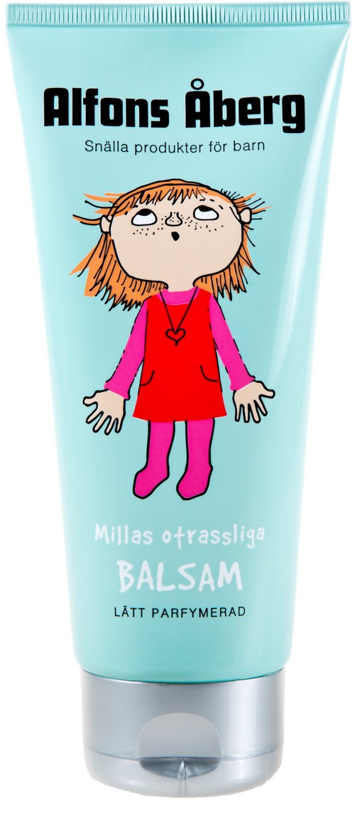 A children's balm tube with an illustrated girl, text in Swedish, and a light blue background.