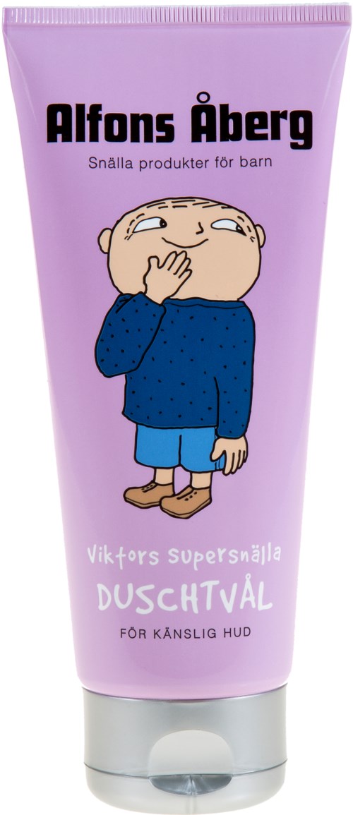 Pink tube with a cartoon boy covering his face, text in Swedish about a gentle shower gel for sensitive skin.