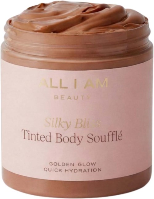 En rosa behållare med kräm märkt All I Am Beauty Silky Body Souffle och fördelar som gyllene glöd och hydrering.