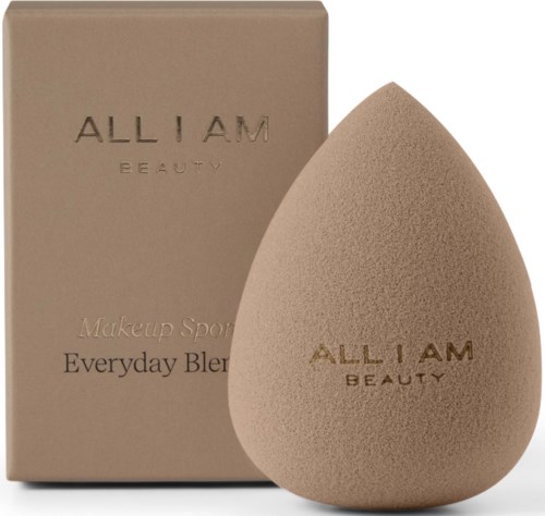A makeup sponge and box from All I Am Beauty for everyday blending includes the product name and brand.