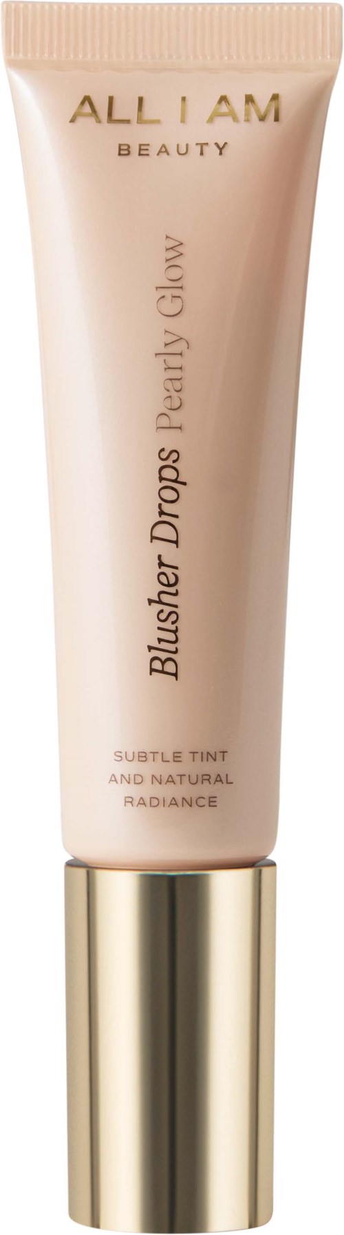 Beige tube met gouden dop, gemarkeerd 'ALL I AM BEAUTY Blusher Drops Petal Glow', wat wijst op een cosmetisch blushproduct.