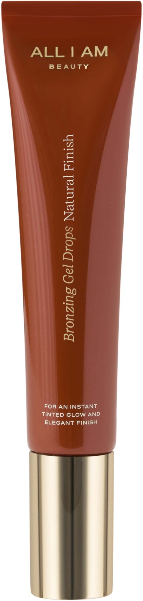 A brown tube with a gold cap, labeled 'All I Am Beauty' for a tanning gel product.