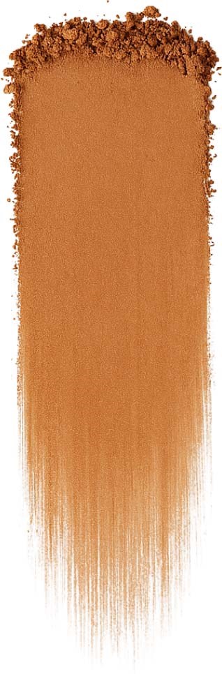 A makeup brush with brown powder, spreading from the brush tip downward in a gradient.