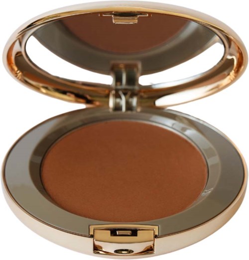 A brown makeup powder in a round compact with a mirror, gold-colored edges, and a latch.