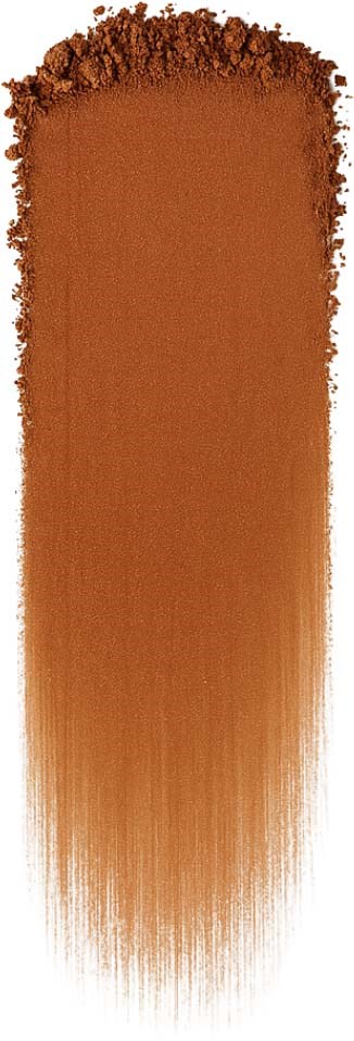 A vertical brown makeup brush stroke on a white background with powder dispersed at the top.