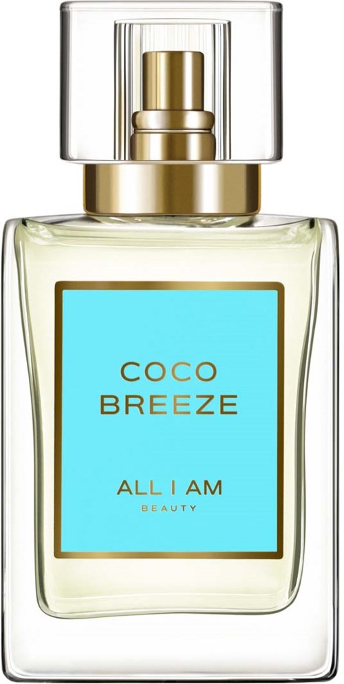 Eine klare Parfümflasche mit goldener Sprühdose und blauer Beschriftung "Coco Breeze All I Am Beauty."