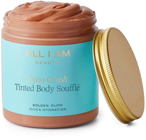 A jar of tinted body souffle with beige and gold lid, labeled 'Coco Crush' for hydration and glow.