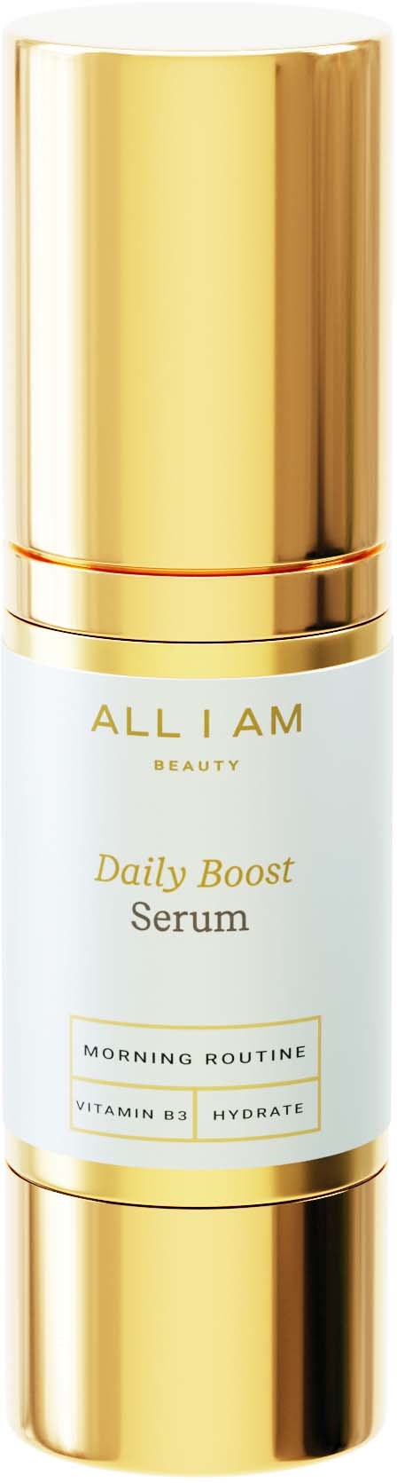 Eine weiße und goldene Flasche des All I Am Beauty Daily Boost Serum mit Vitamin B3. Es erwähnt Morgengewohnheit und Hydratation.