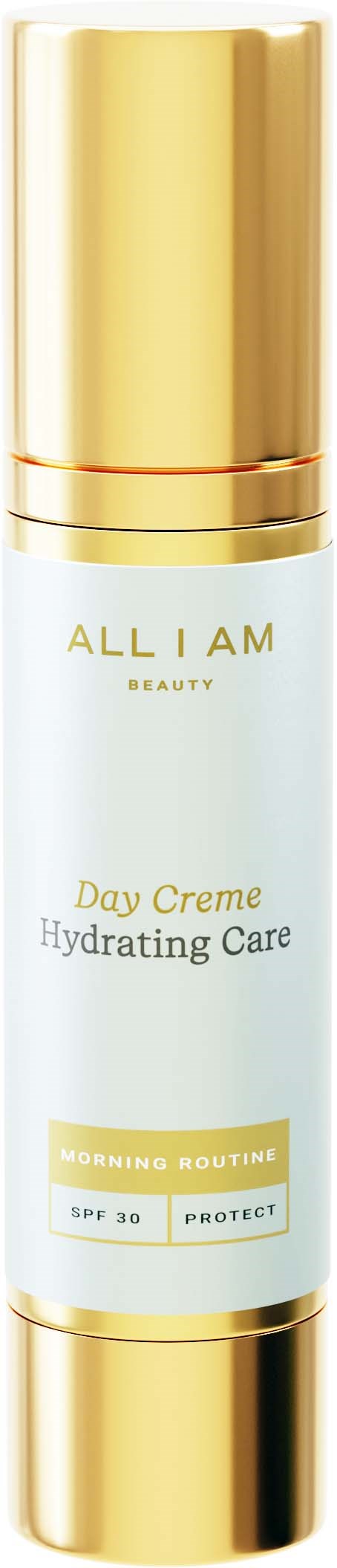 Een witte fles met goudkleurige dop en onderkant, gelabeld 'All I Am Beauty Day Creme Hydrating Care.'