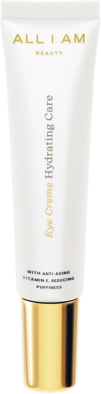 Een witte tube met gouden dop, gelabeld 'ALL I AM BEAUTY Eye Cream Hydrating Care' met voordelen onderaan.