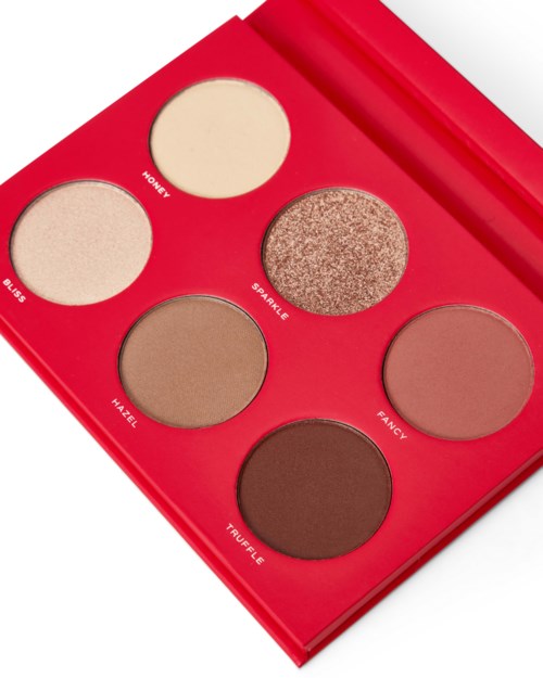 A red eyeshadow palette with six different shades named Honey, Sparkle, Bliss, Maze, Fancy, and Truffle.