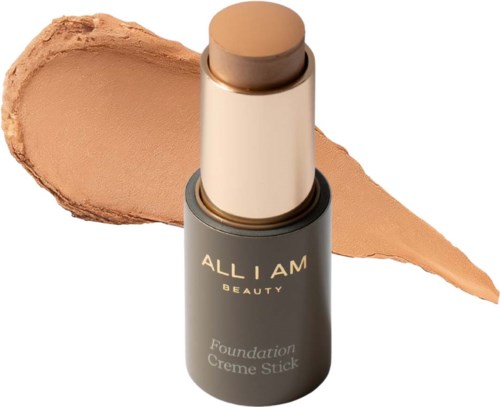 A foundation stick with a beige color, labeled 'ALL I AM BEAUTY,' shows both the stick and a spread of product.
