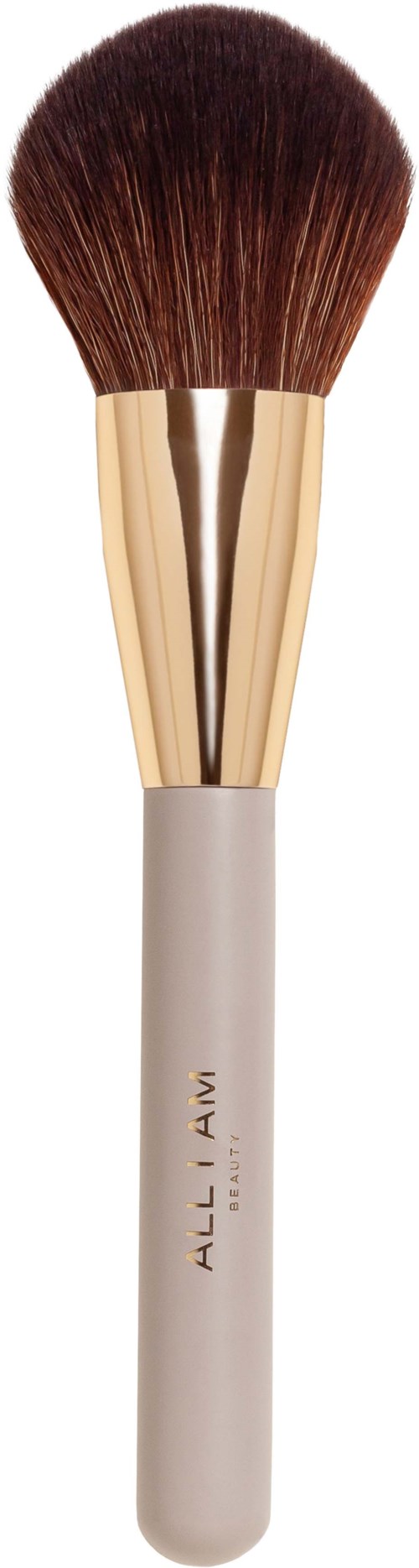 Make-upkwast met bruine haren, witte steel en gouden accenten, gelabeld 'ALL.'