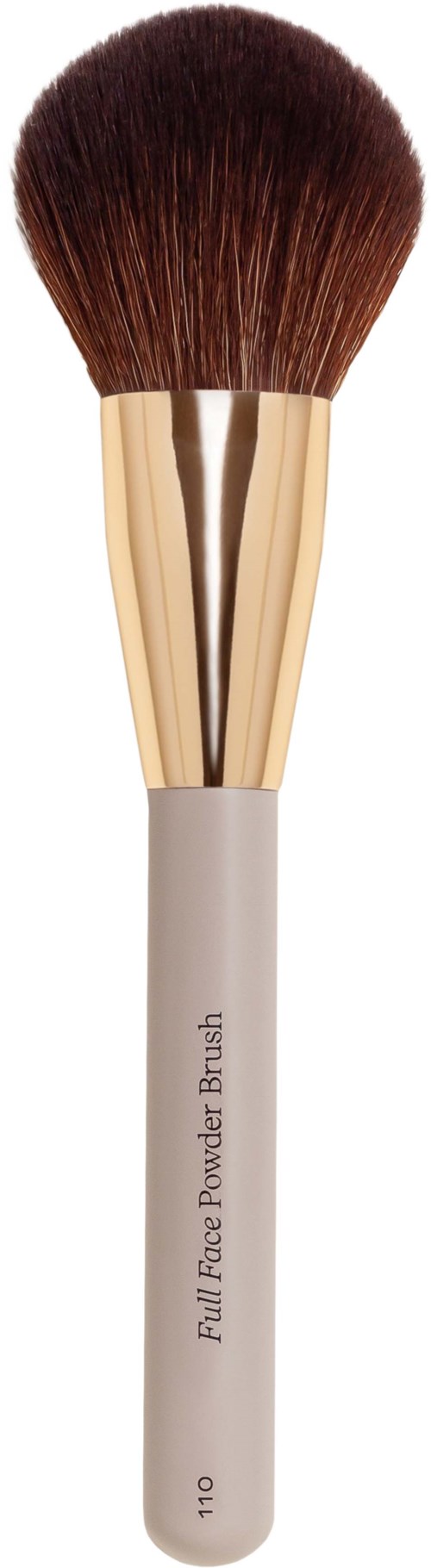 Een make-upkwast met witte handgreep, gouden middenstuk en pluizige bruine haren.