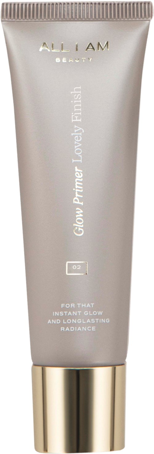 A silver tube with gold cap, labeled 'ALL I AM BEAUTY Glow Primer. Lovely Finish'.
