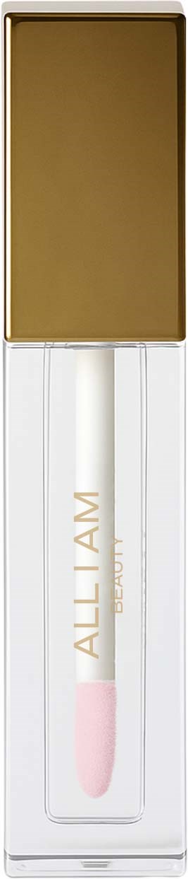 A transparent lip gloss tube with a pink tip and gold cap, labeled 'ALL I AM' in gold letters.