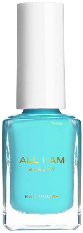 A blue nail polish bottle labeled 'ALL I AM BEAUTY' with a white cap.